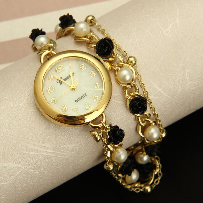 Náramkové hodinky s umelými perličkami a ružičkami 1
