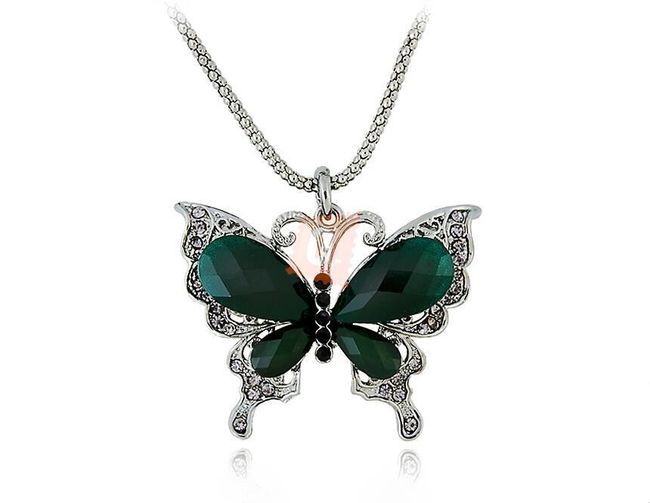 Náhrdelník se zeleným motýlkem - stříbrná barva 1