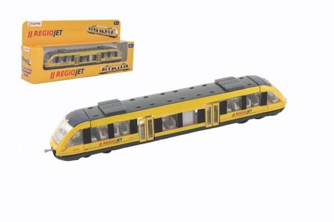 Vonat sárga RegioJet fém / műanyag 17 cm szabadon futó dobozban 21x9,5x4cm 