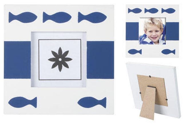 Dřevěný bílo-modrý foto rámeček s motivem rybiček 1